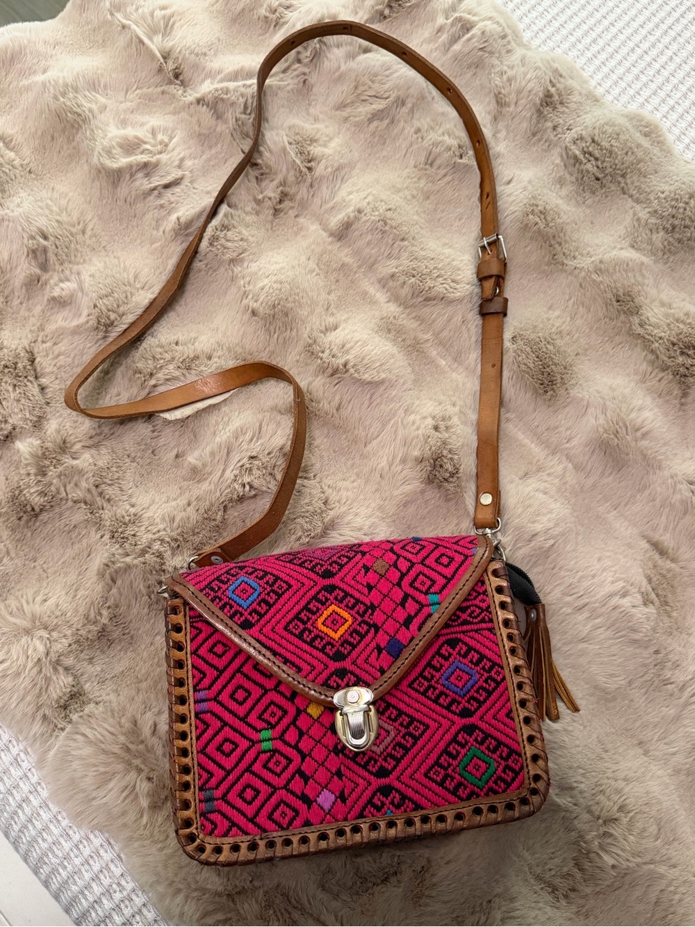 Handcrafted Pink Geometric Crossbody Bag with Brown Leather Trim